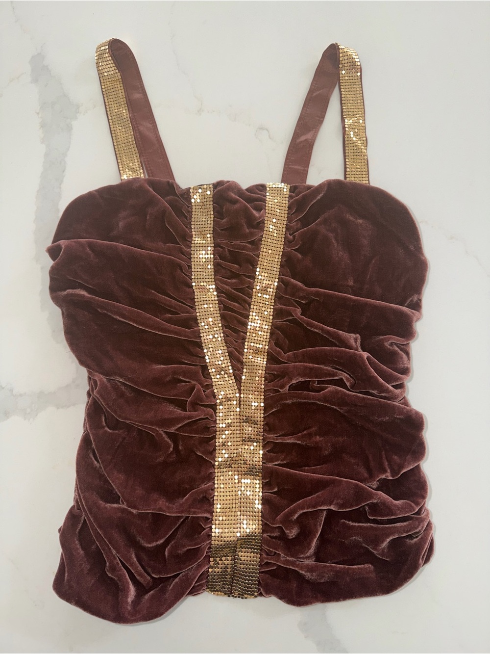 SUKI Brown Velvet Ruched Y2K Tank Top Gold Metallic Trim Silk Blend S